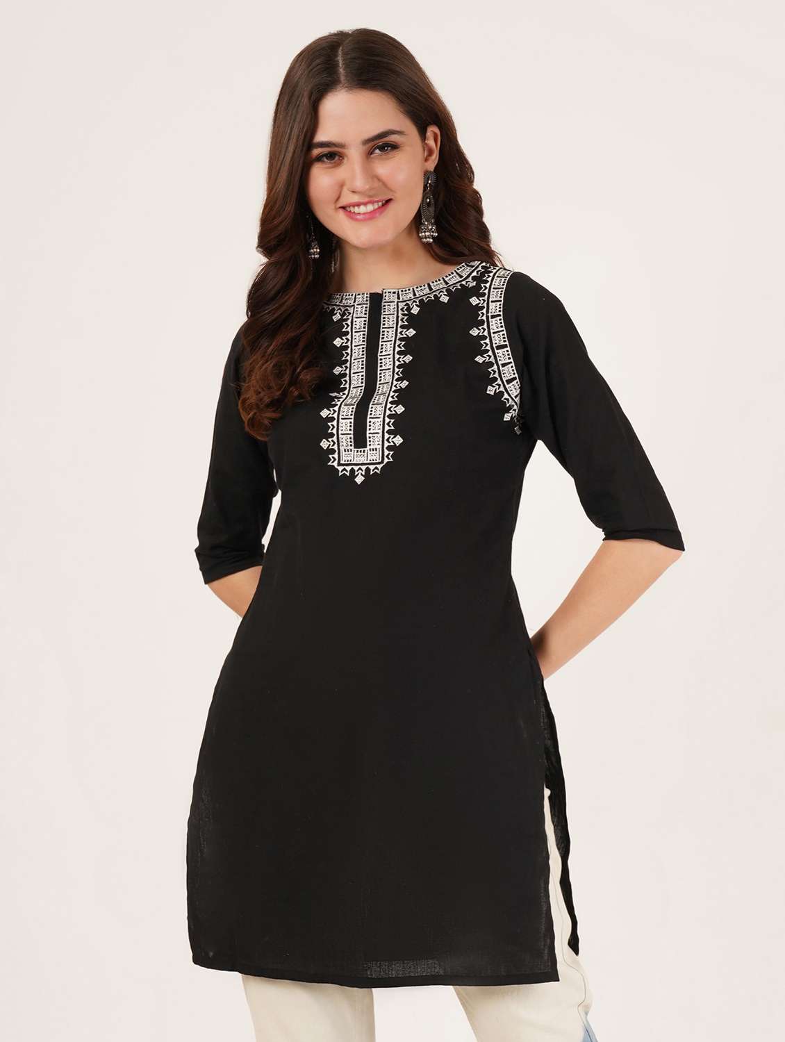 women embroidered three quarter sleeve straight kurti - 22065261 -  Zoom Image - 0