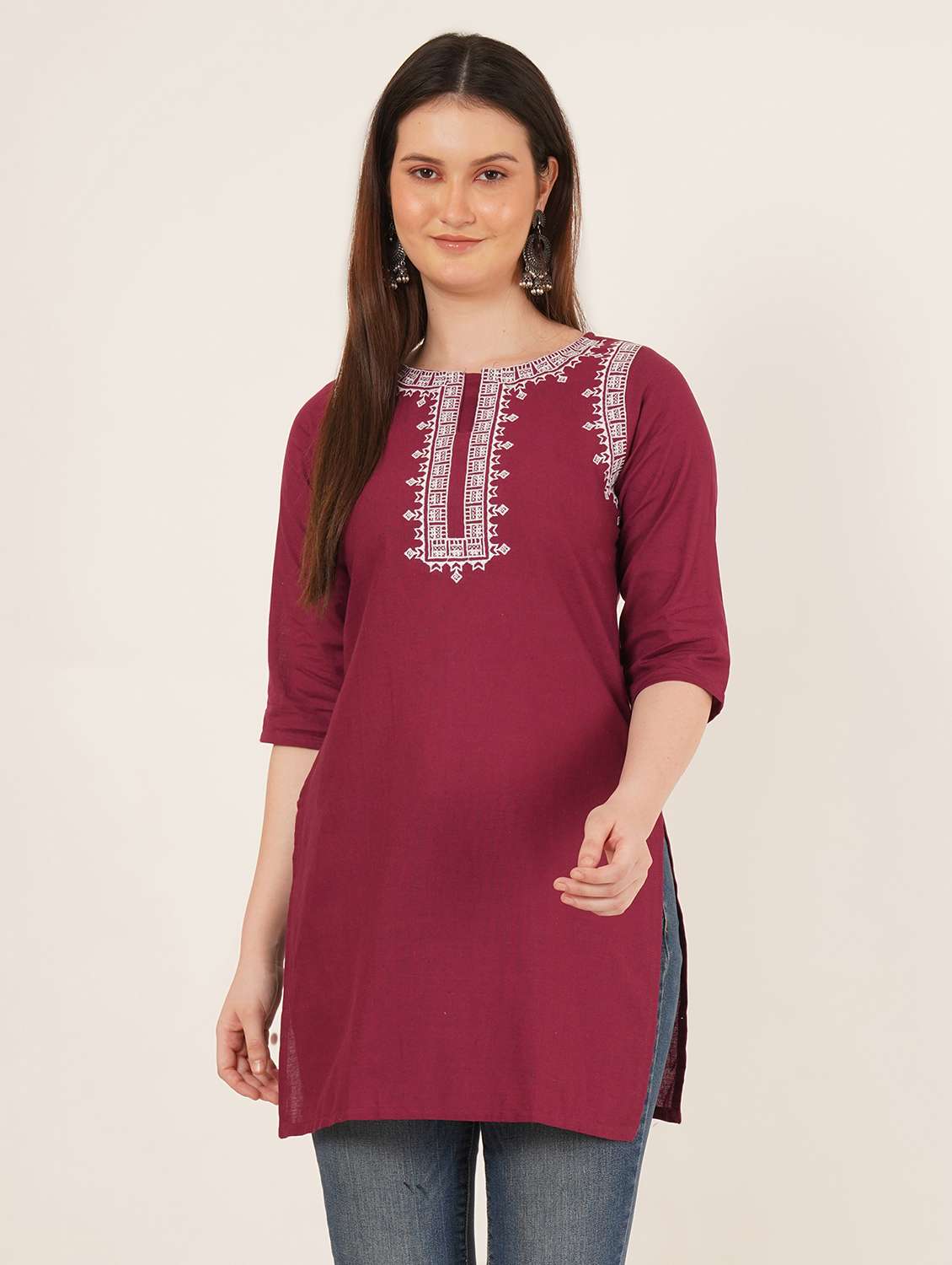 women embroidered three quarter sleeve straight kurti - 22065262 -  Zoom Image - 0