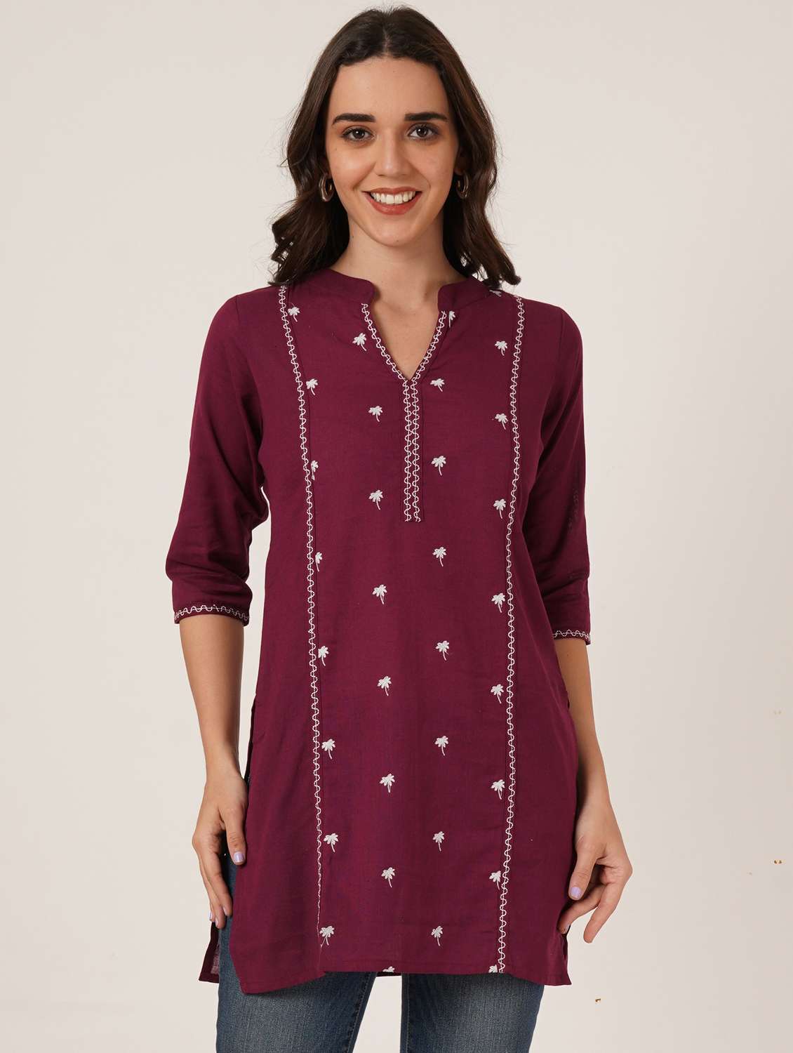 women embroidered three quarter sleeve straight kurti - 22065270 -  Zoom Image - 0