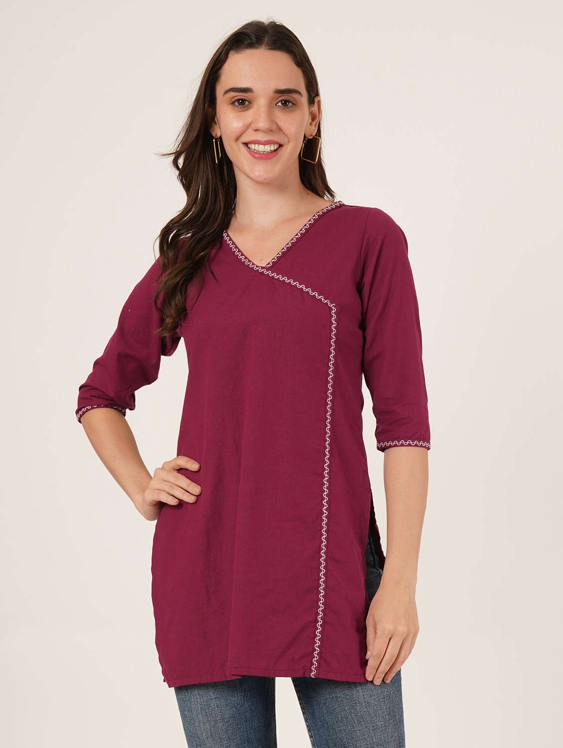 women embroidered three quarter sleeve angrakha kurti - 22065274 - Zoom Image - 0