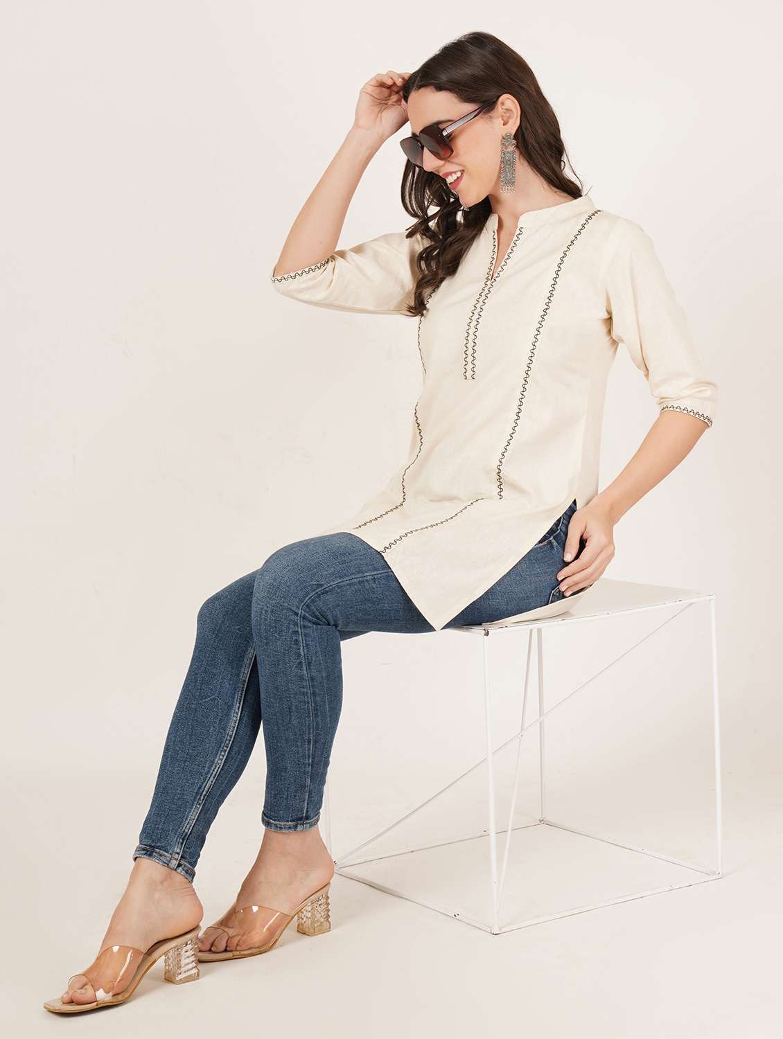 women embroidered three quarter sleeve straight kurti - 22065275 -  Standard Image - 5