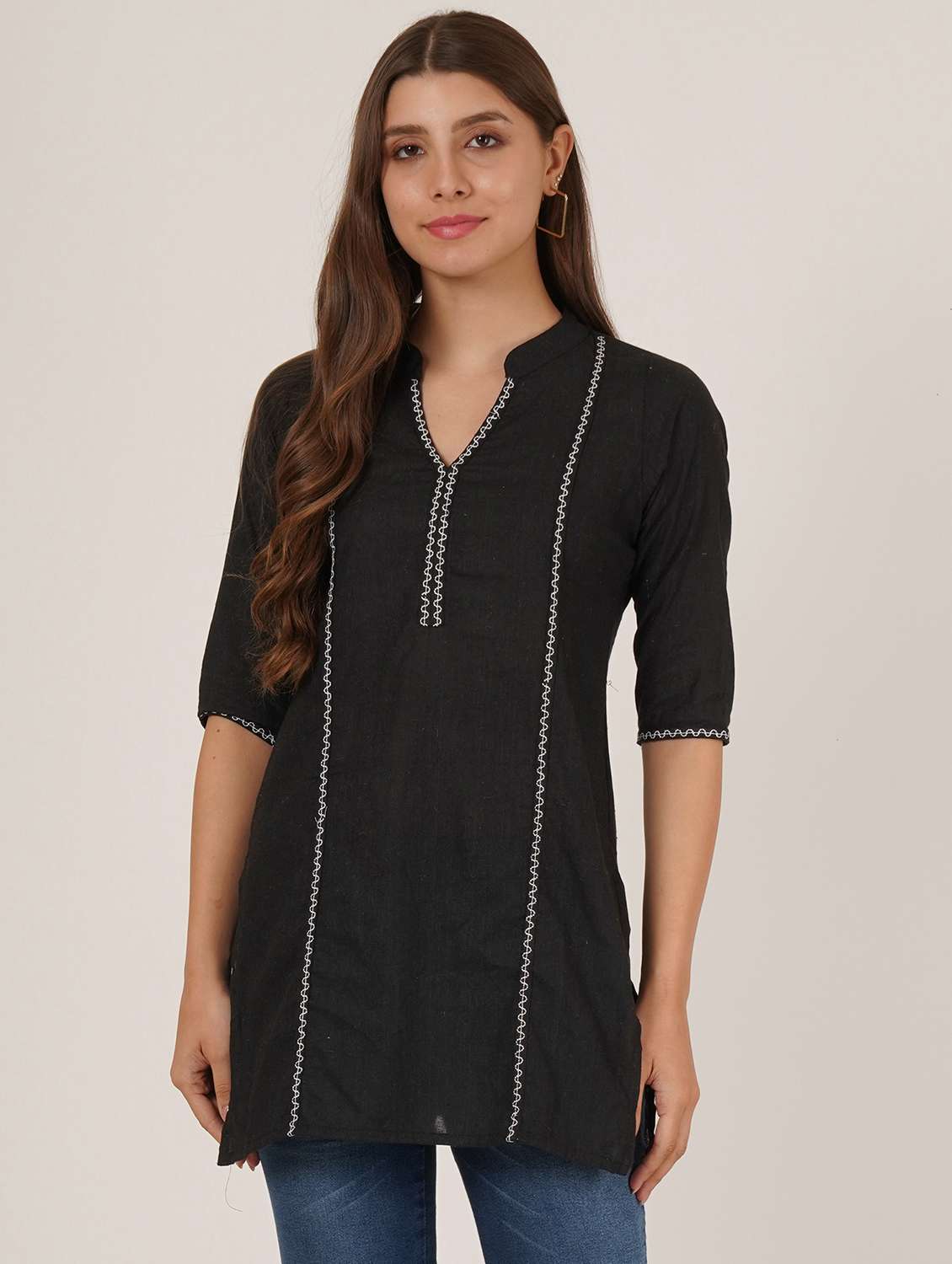 women embroidered three quarter sleeve straight kurti