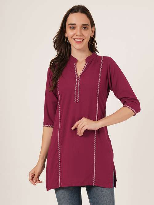 women embroidered three quarter sleeve straight kurti - 22065277 -  Standard Image - 0