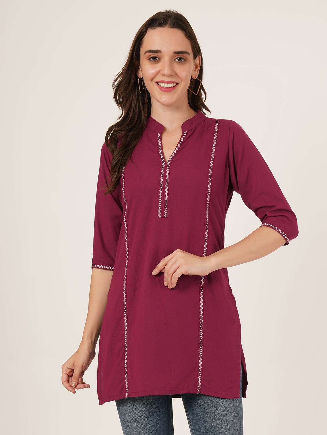 women embroidered three quarter sleeve straight kurti - 22065277 -  Zoom Image - 0