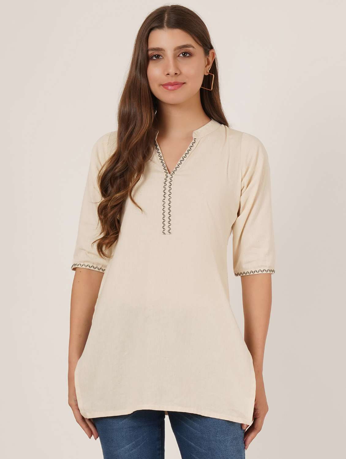women solid three quarter sleeve straight kurti - 22065278 -  Zoom Image - 0