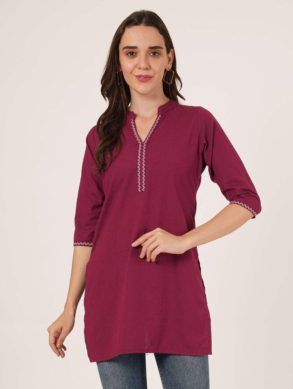 women solid three quarter sleeve straight kurti