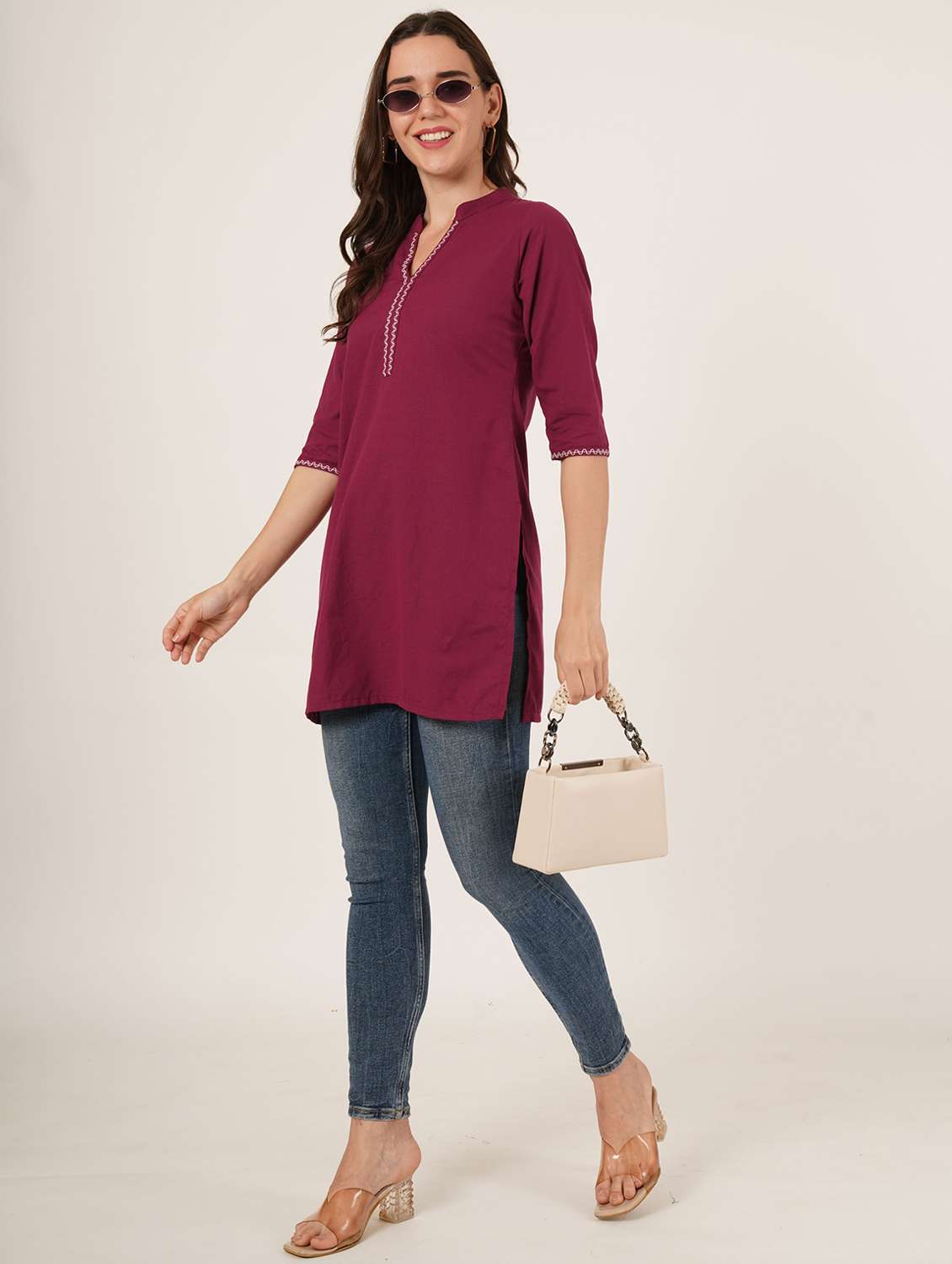 women solid three quarter sleeve straight kurti - 22065280 -  Standard Image - 5