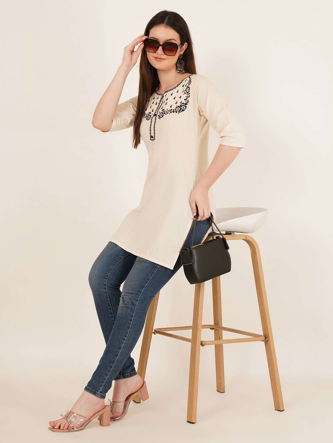 women embroidered three quarter sleeve straight kurti - 22065281 -  Standard Image - 5