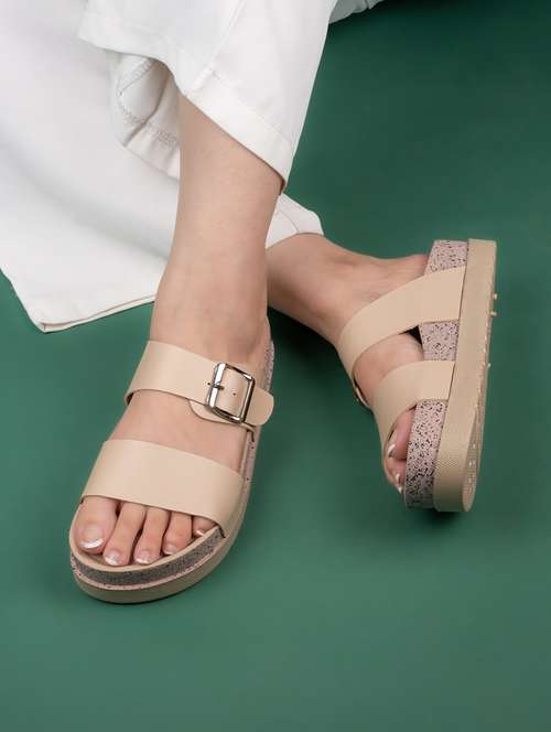 women solid cream slip on sandal - 22065478 - Standard Image - 0