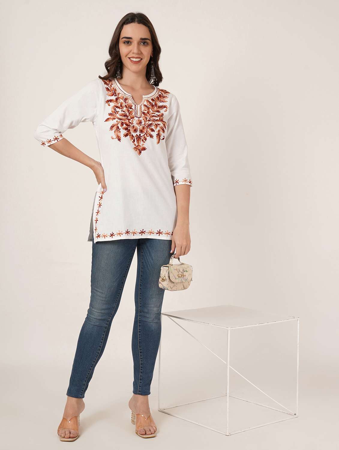 women embroidered three quarter sleeve straight kurti - 22065828 -  Standard Image - 5