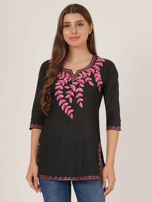 women embroidered three quarter sleeve straight kurti - 22065831 -  Standard Image - 0