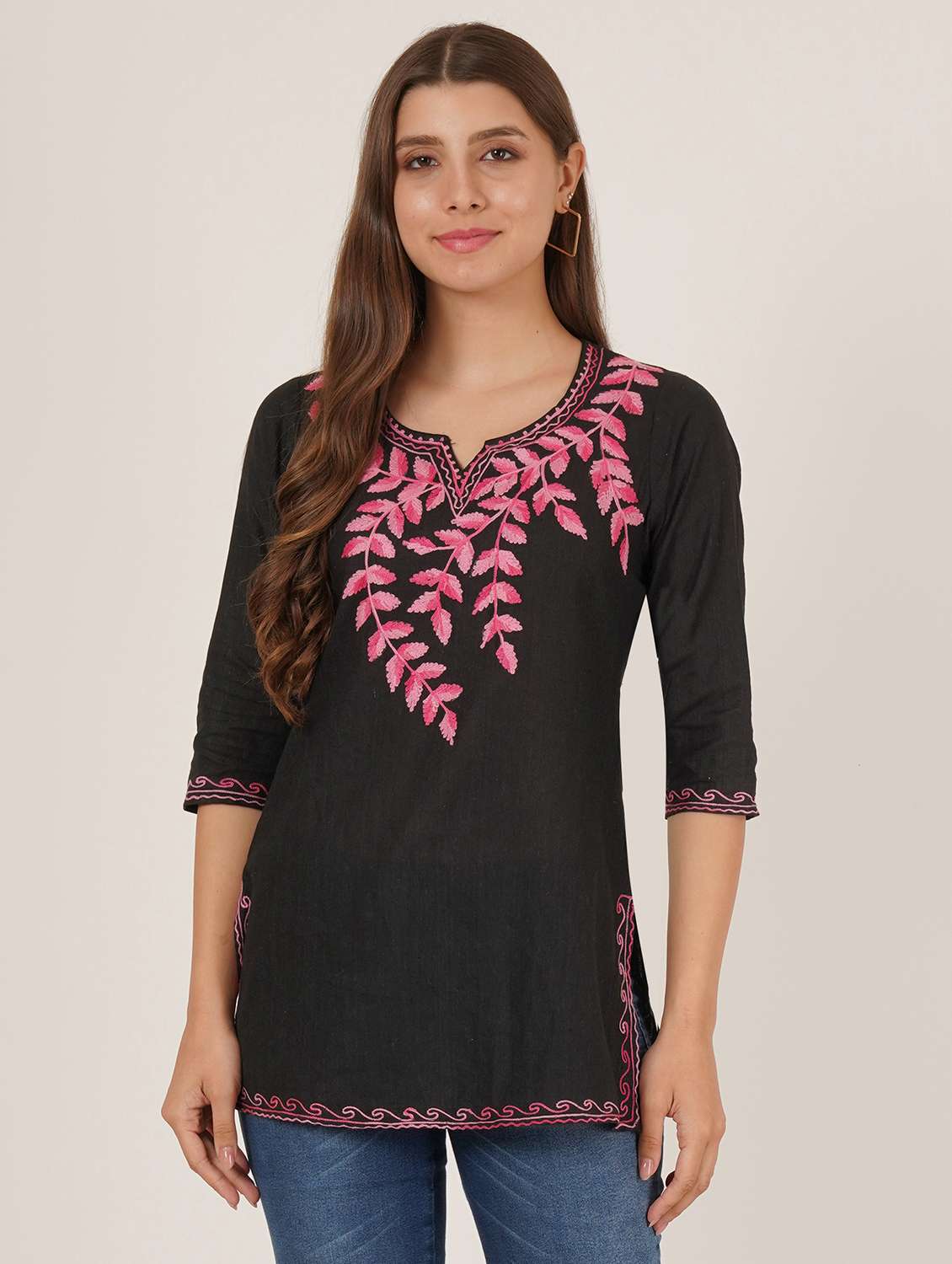 women embroidered three quarter sleeve straight kurti