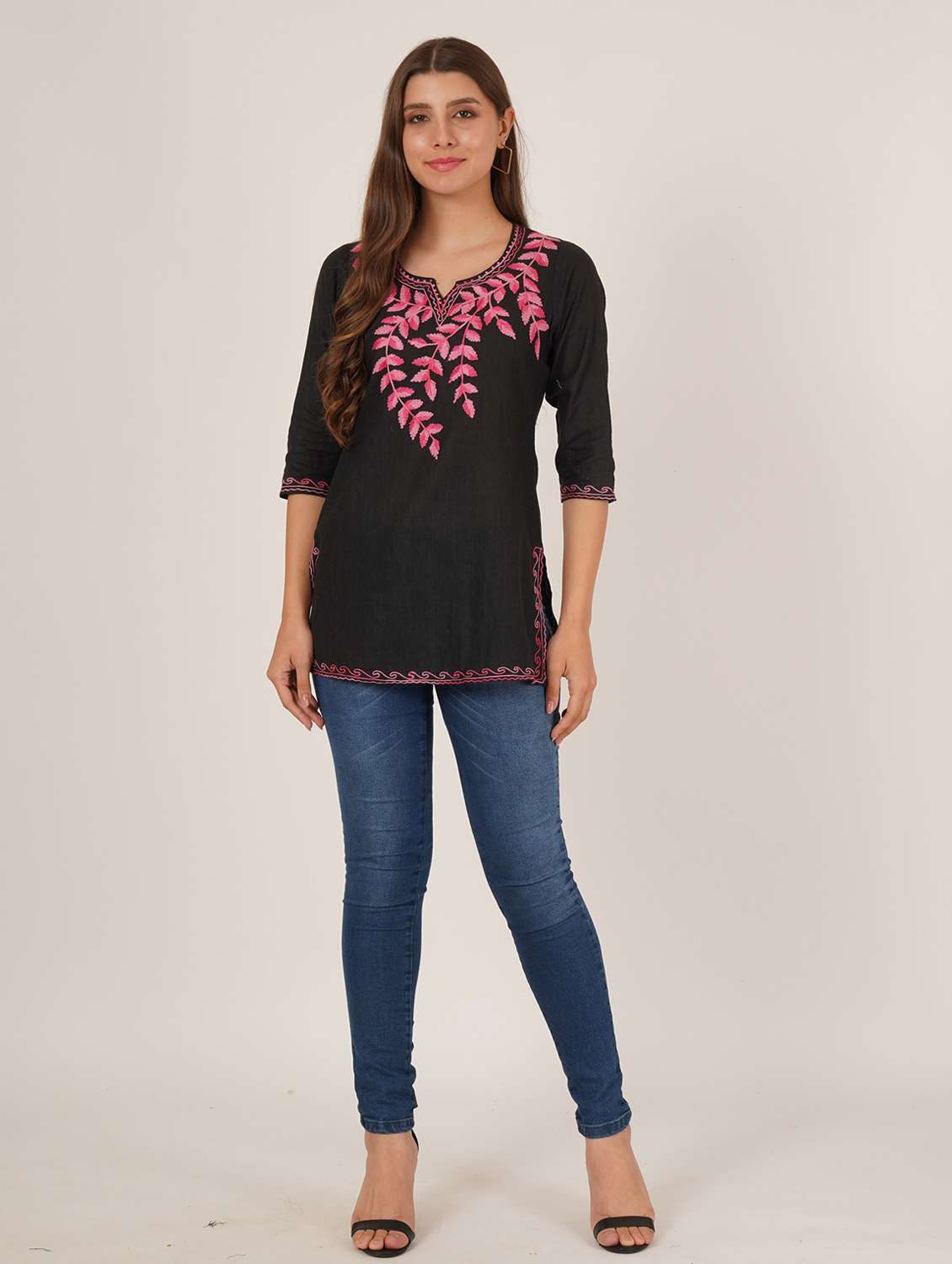 women embroidered three quarter sleeve straight kurti - 22065831 -  Standard Image - 5