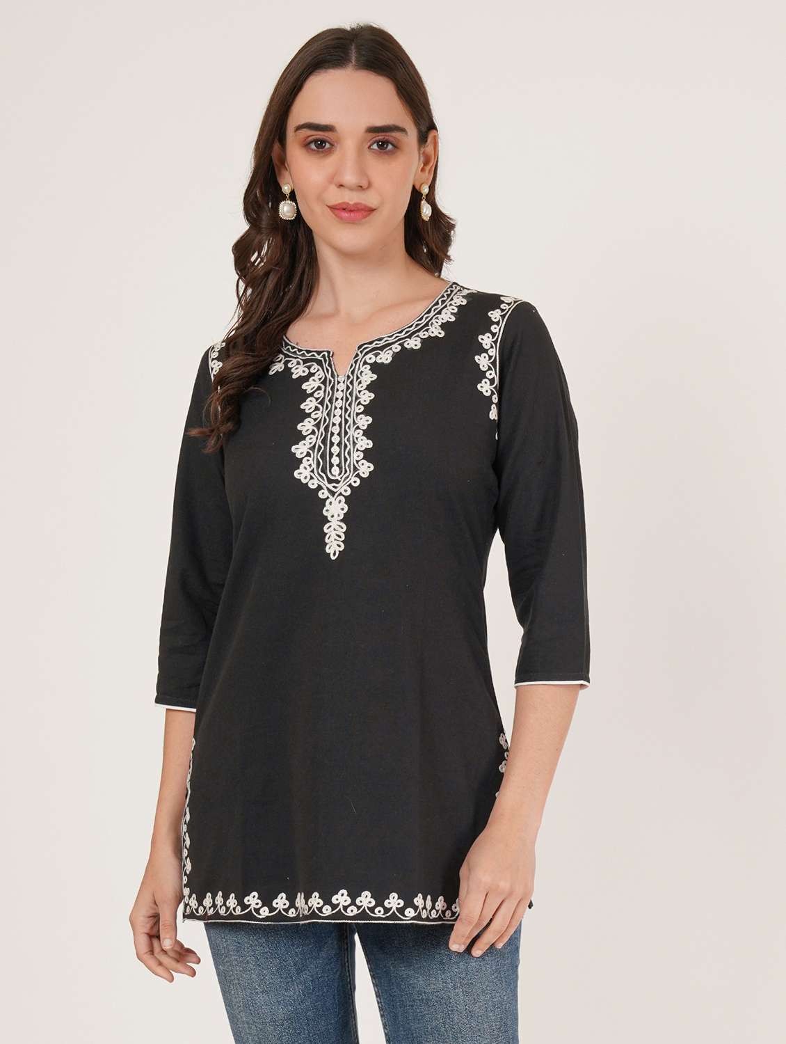 women embroidered three quarter sleeve straight kurti - 22065835 -  Zoom Image - 0