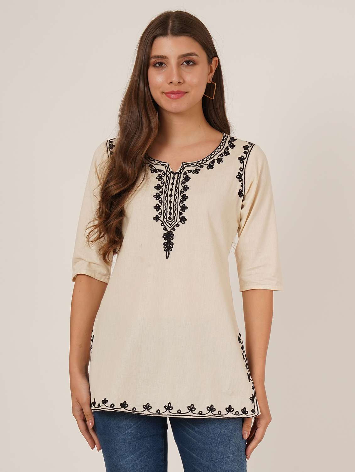 women embroidered three quarter sleeve straight kurti