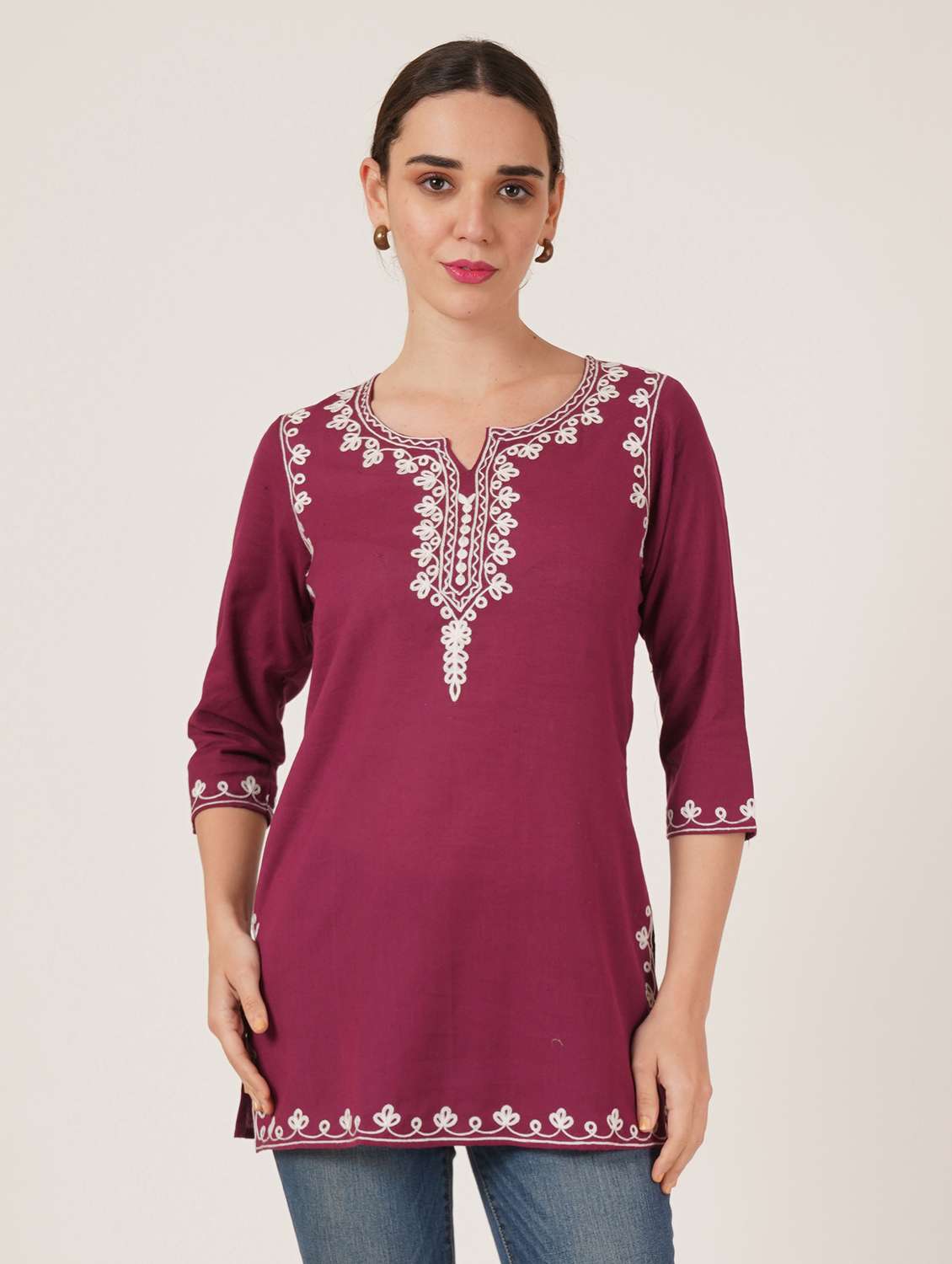 women embroidered three quarter sleeve straight kurti