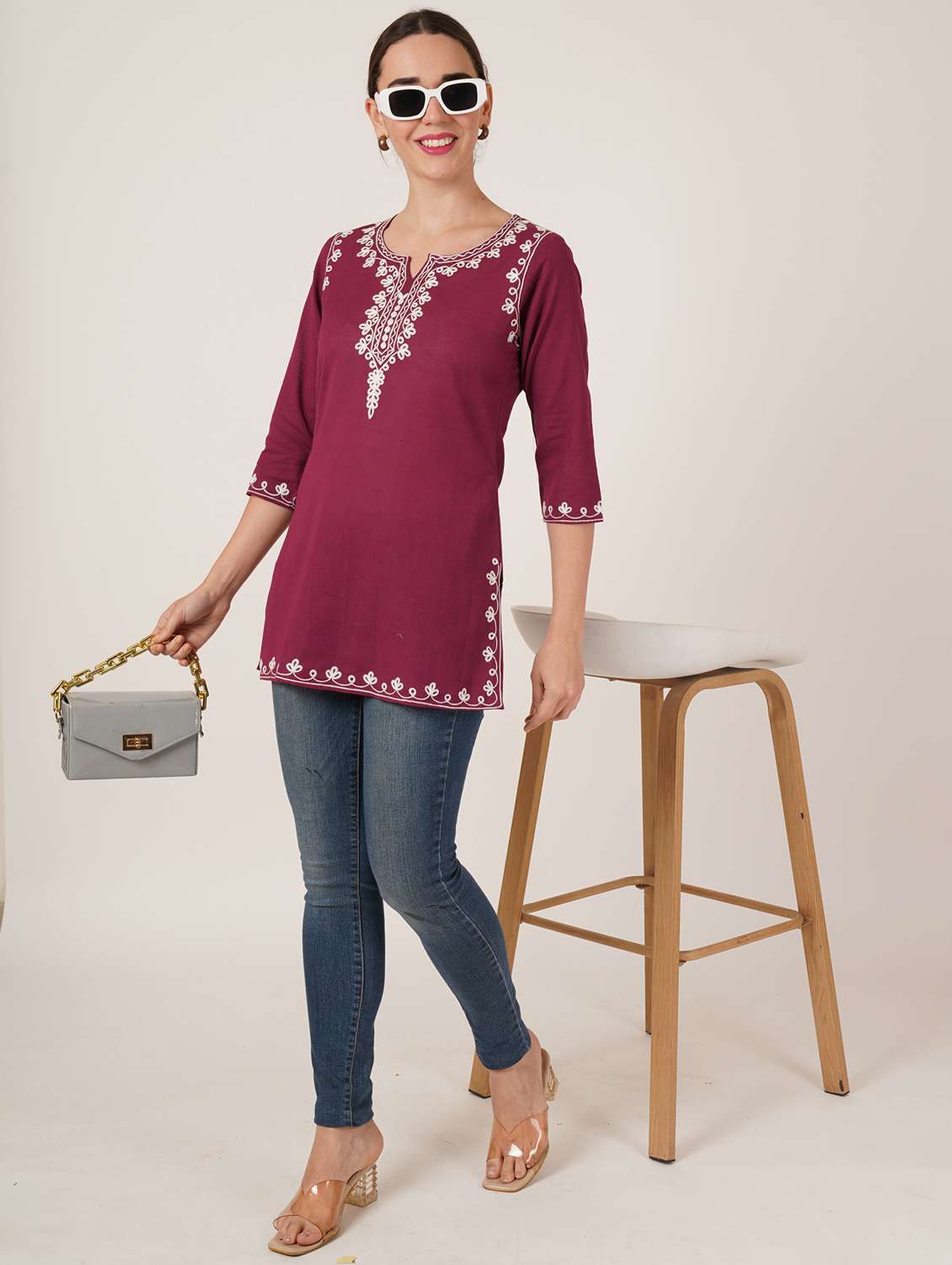women embroidered three quarter sleeve straight kurti - 22065837 -  Standard Image - 5