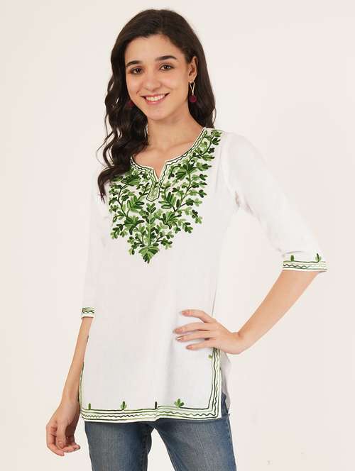 women embroidered three quarter sleeve straight kurti - 22065838 -  Standard Image - 0