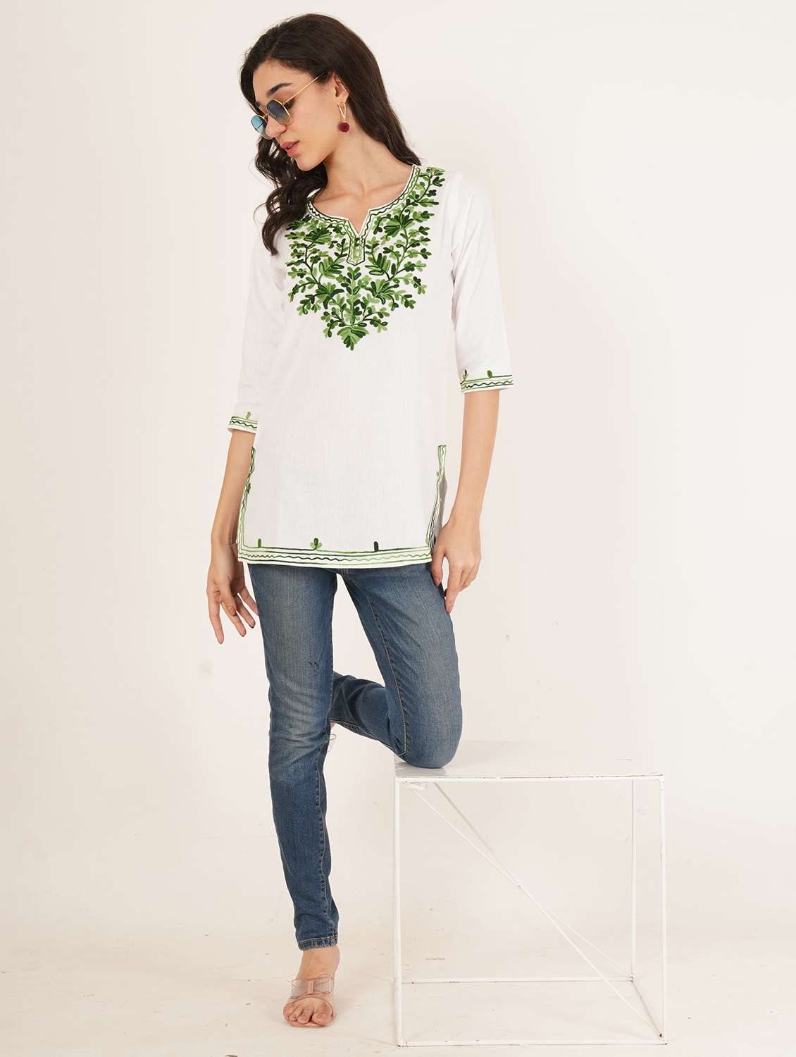 women embroidered three quarter sleeve straight kurti - 22065838 -  Standard Image - 5