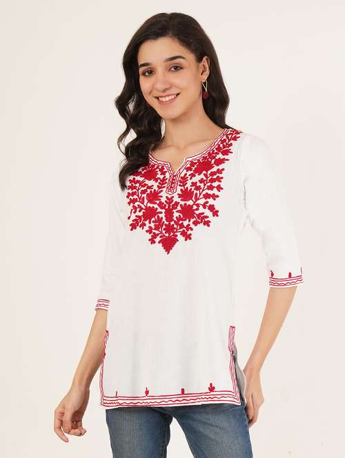 women embroidered three quarter sleeve straight kurti - 22065841 -  Standard Image - 0