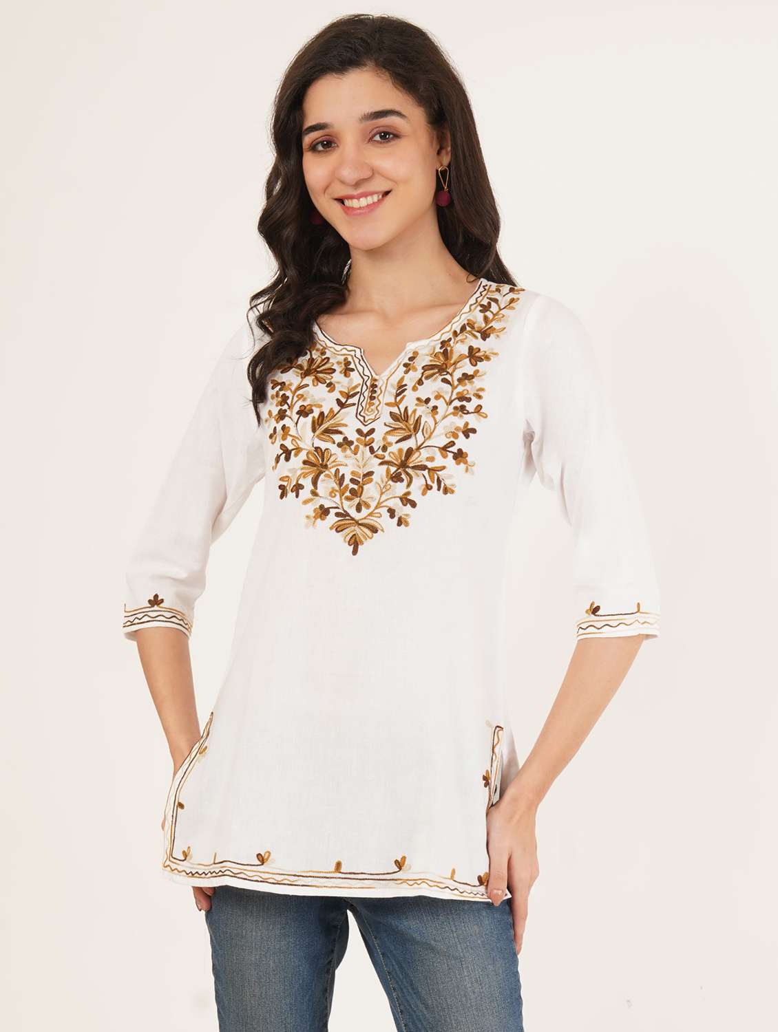 women embroidered three quarter sleeve straight kurti