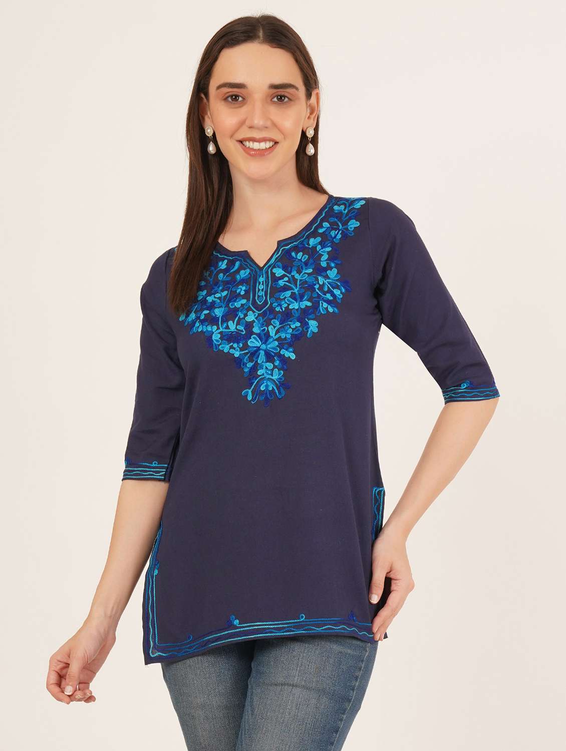 women embroidered three quarter sleeve straight kurti