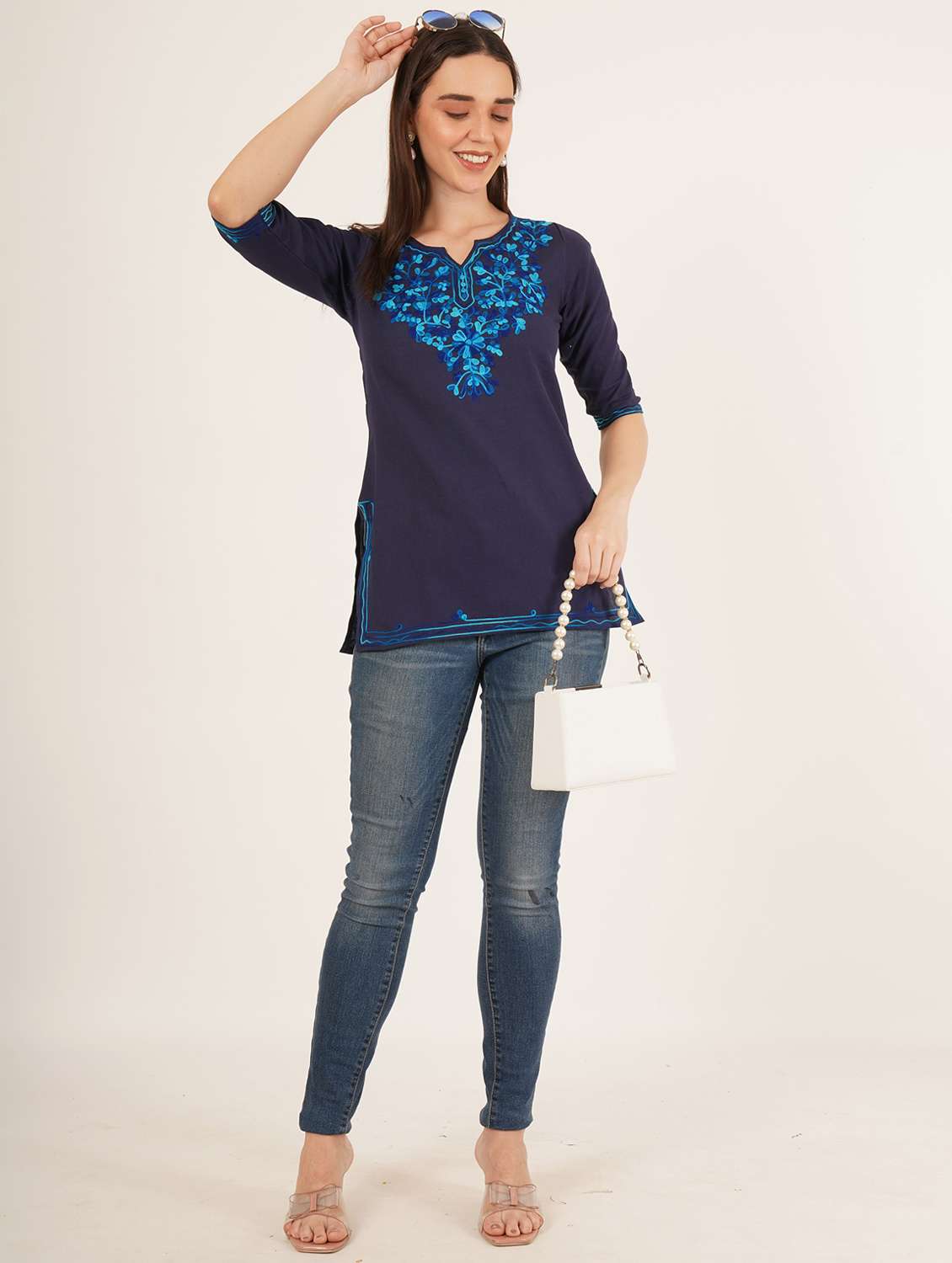 women embroidered three quarter sleeve straight kurti - 22065844 -  Standard Image - 5