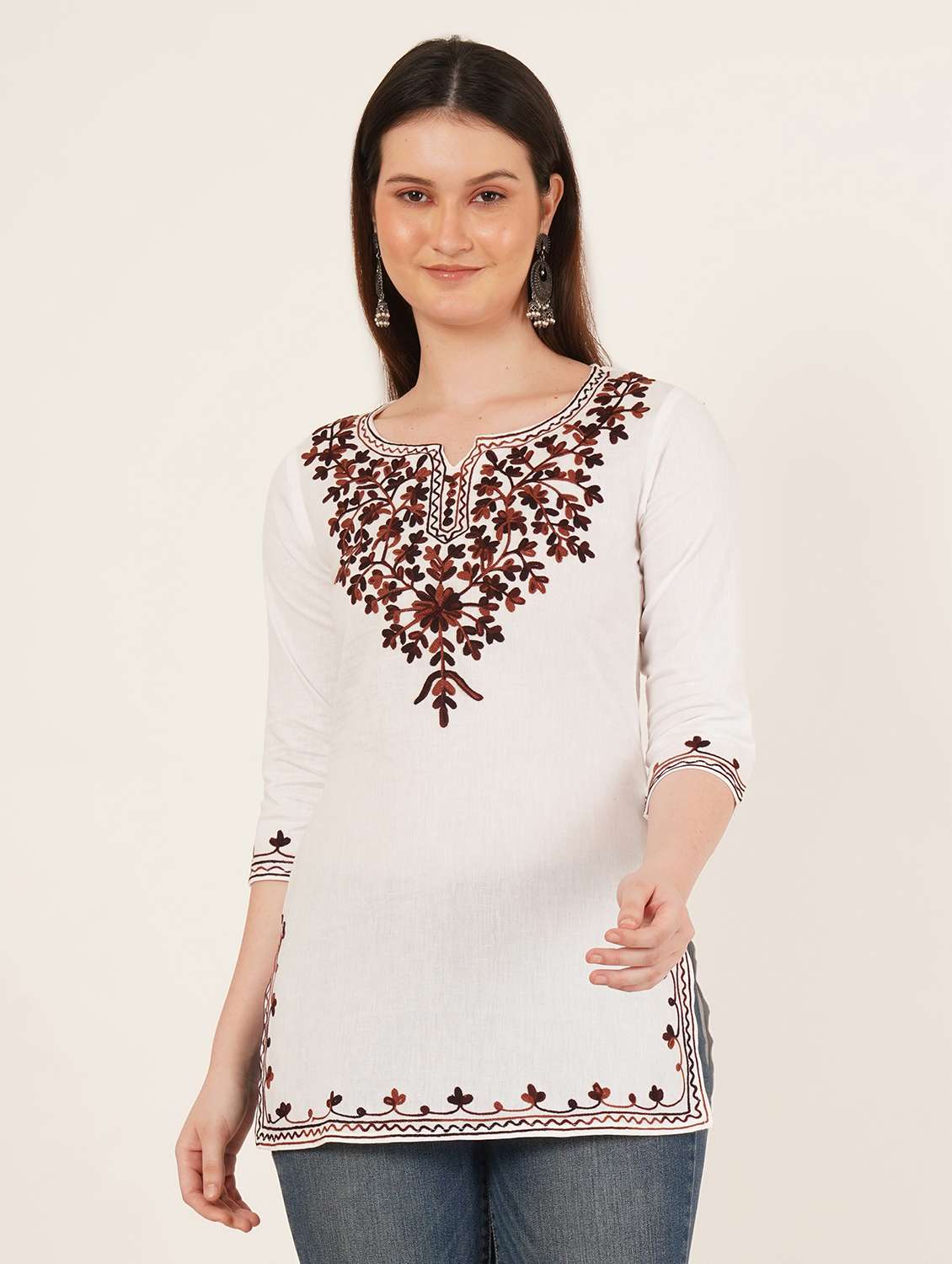 women embroidered three quarter sleeve straight kurti