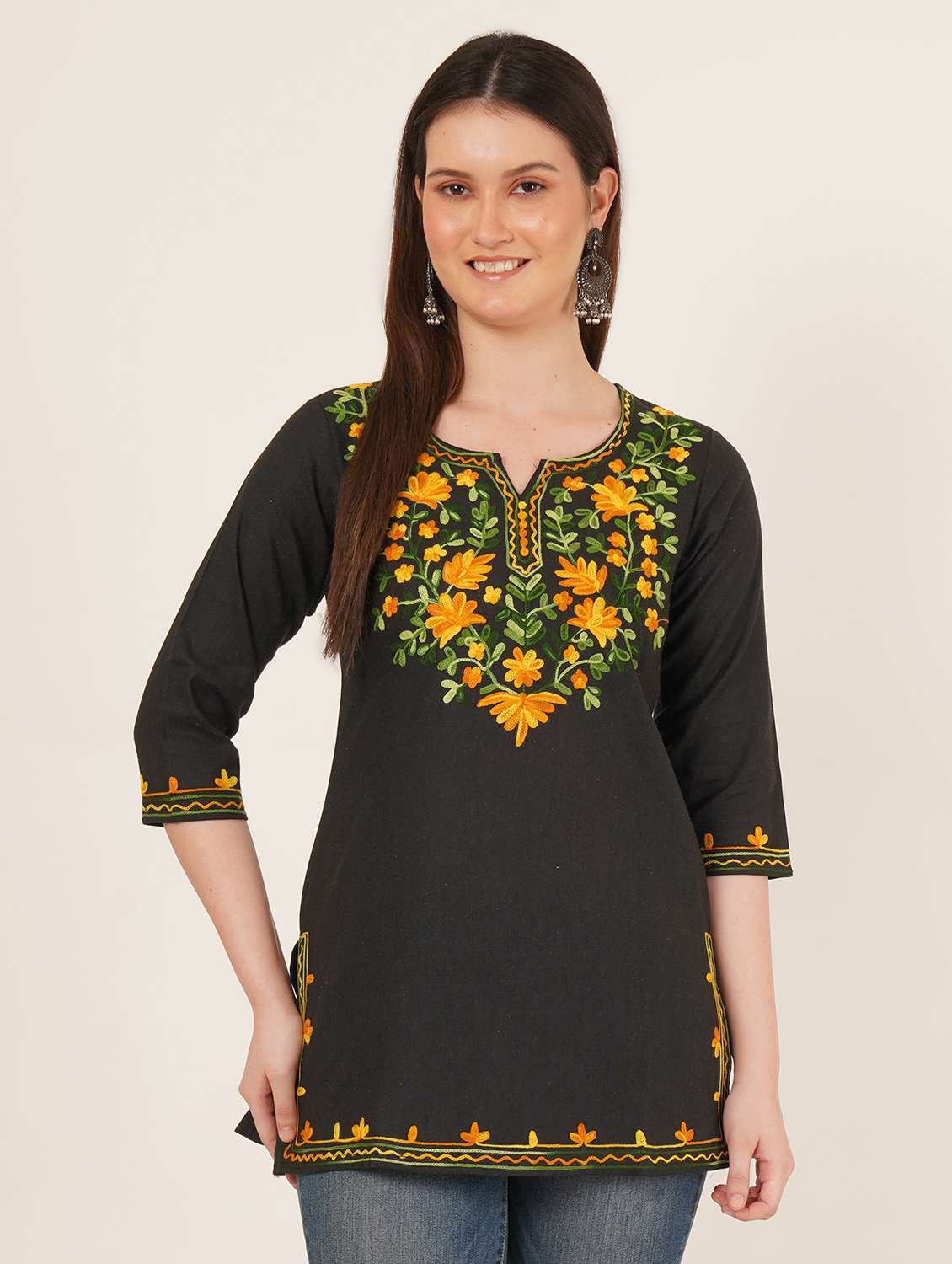 women embroidered three quarter sleeve straight kurti - 22065847 -  Zoom Image - 0