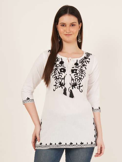 women embroidered three quarter sleeve straight kurti - 22065848 -  Standard Image - 0