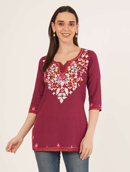 women embroidered three quarter sleeve straight kurti - 22065849 -  Standard Image - 0
