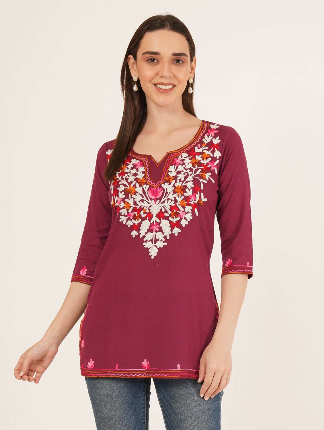 women embroidered three quarter sleeve straight kurti