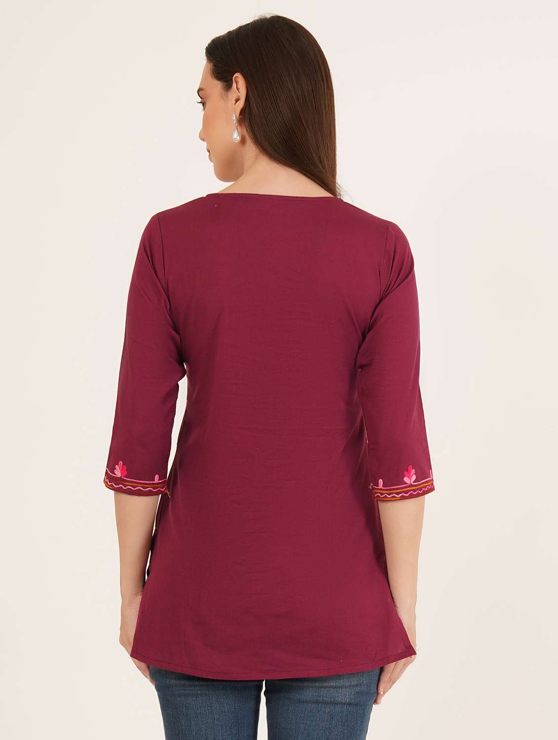 women embroidered three quarter sleeve straight kurti - 22065849 -  Standard Image - 3