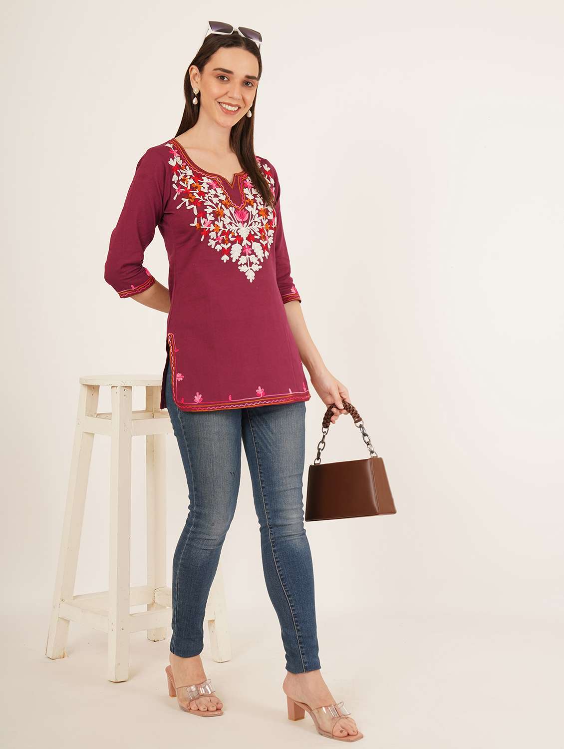 women embroidered three quarter sleeve straight kurti - 22065849 -  Standard Image - 5
