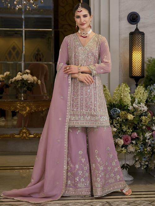 lavender satin kurta sharara set - 22065880 - Standard Image - 0