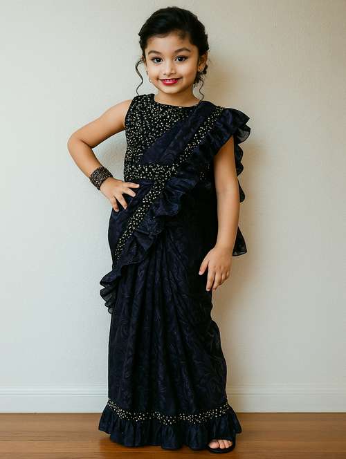 girls blue self designed ready to wear saree - 22065980 - Standard Image - 0