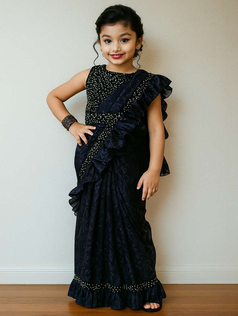 girls blue self designed ready to wear saree - 22065980 - Zoom Image - 0