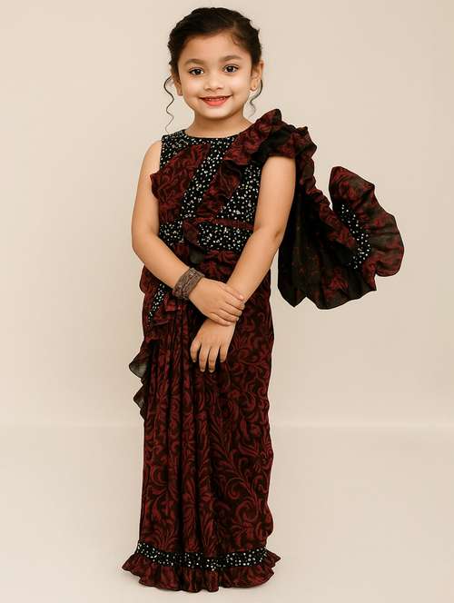 girls maroon self designed ready to wear saree - 22065981 - Standard Image - 0