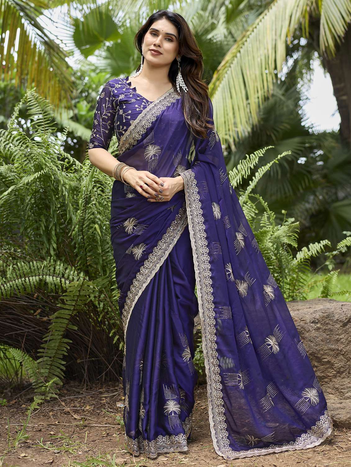 women solid with work embroidered saree with blouse - 22066055 -  Zoom Image - 0