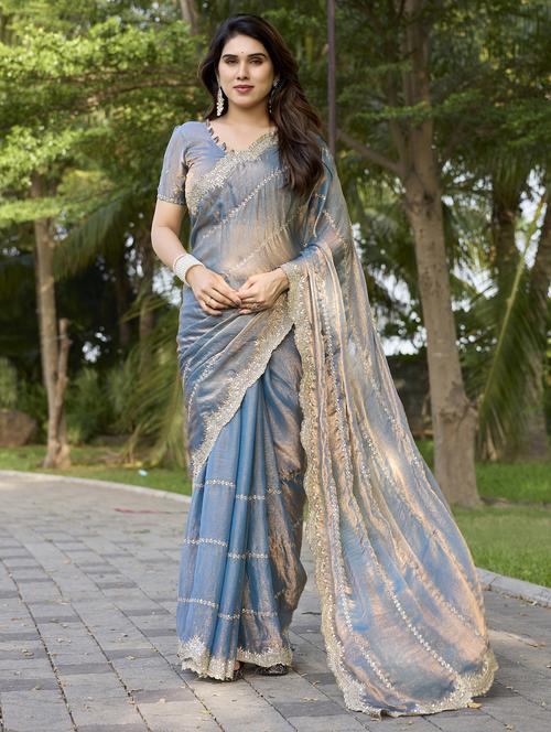 women solid with work embroidered saree with blouse - 22066064 - Standard Image - 0