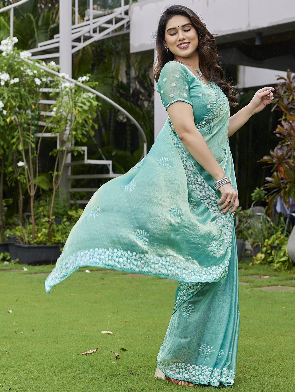teal chiffon embroidered saree with blouse - 22066070 - Standard Image - 3
