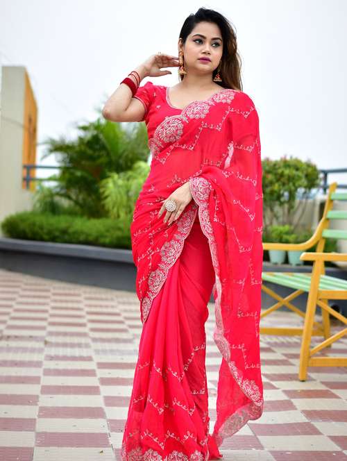 women solid with work embroidered saree with blouse - 22066090 -  Standard Image - 0