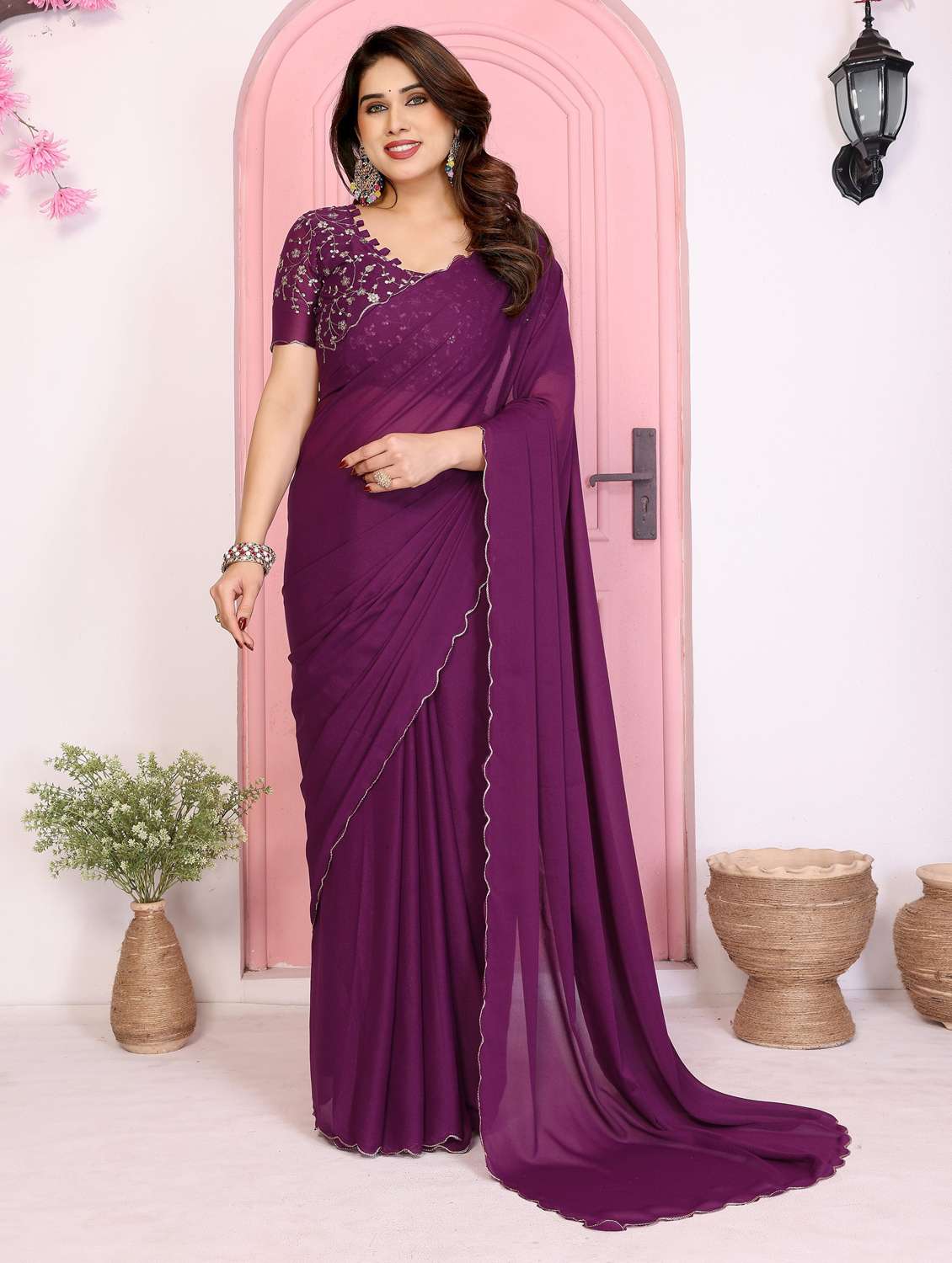 women solid plain saree with blouse - 22066117 - Zoom Image - 0
