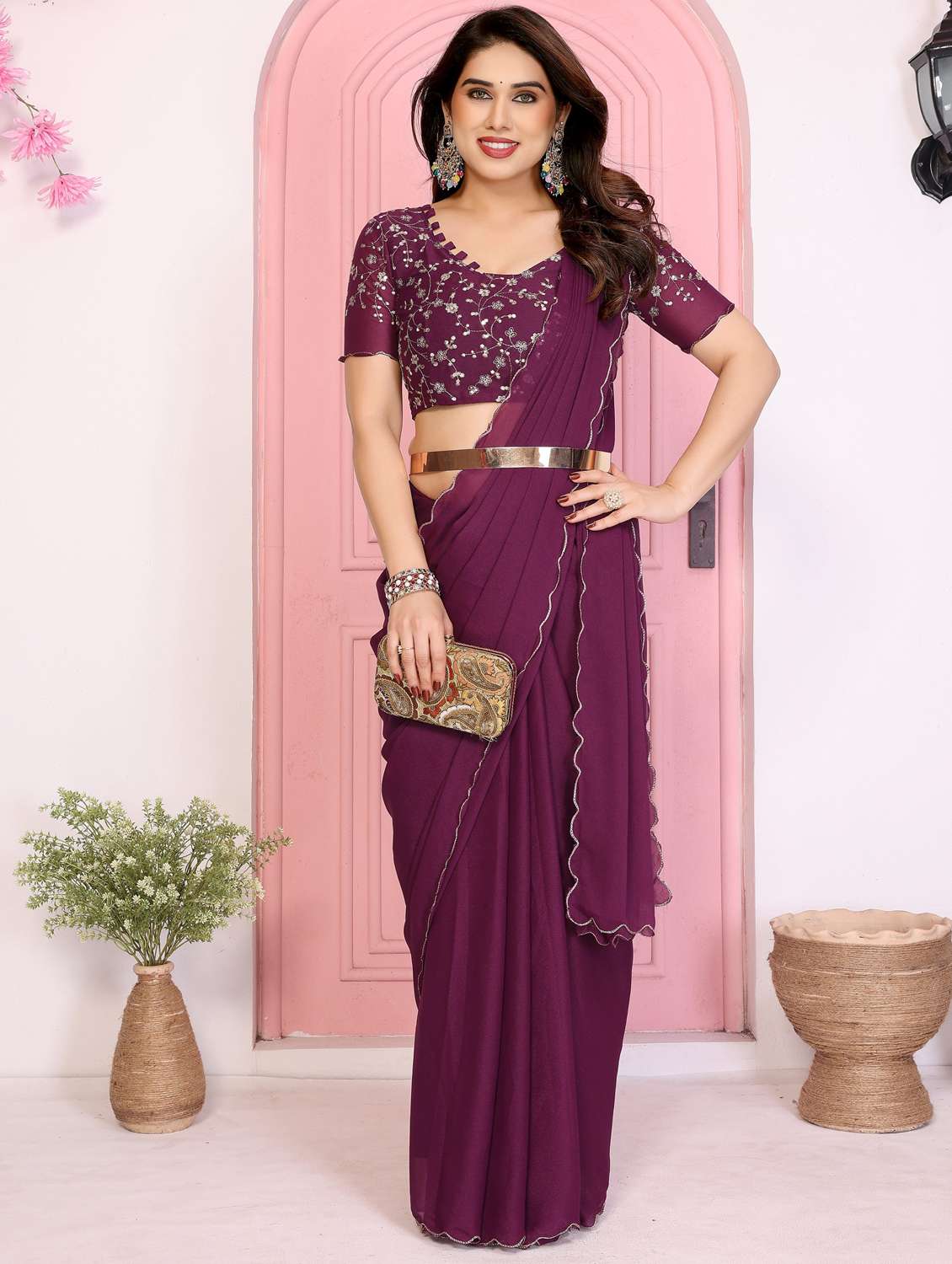 women solid plain saree with blouse - 22066117 - Standard Image - 3