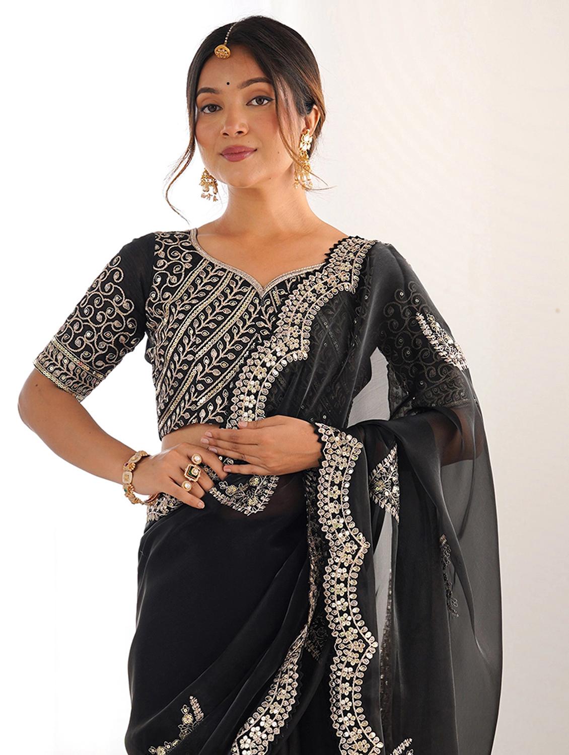 women solid with work embroidered saree with blouse - 22066124 - Standard Image - 3
