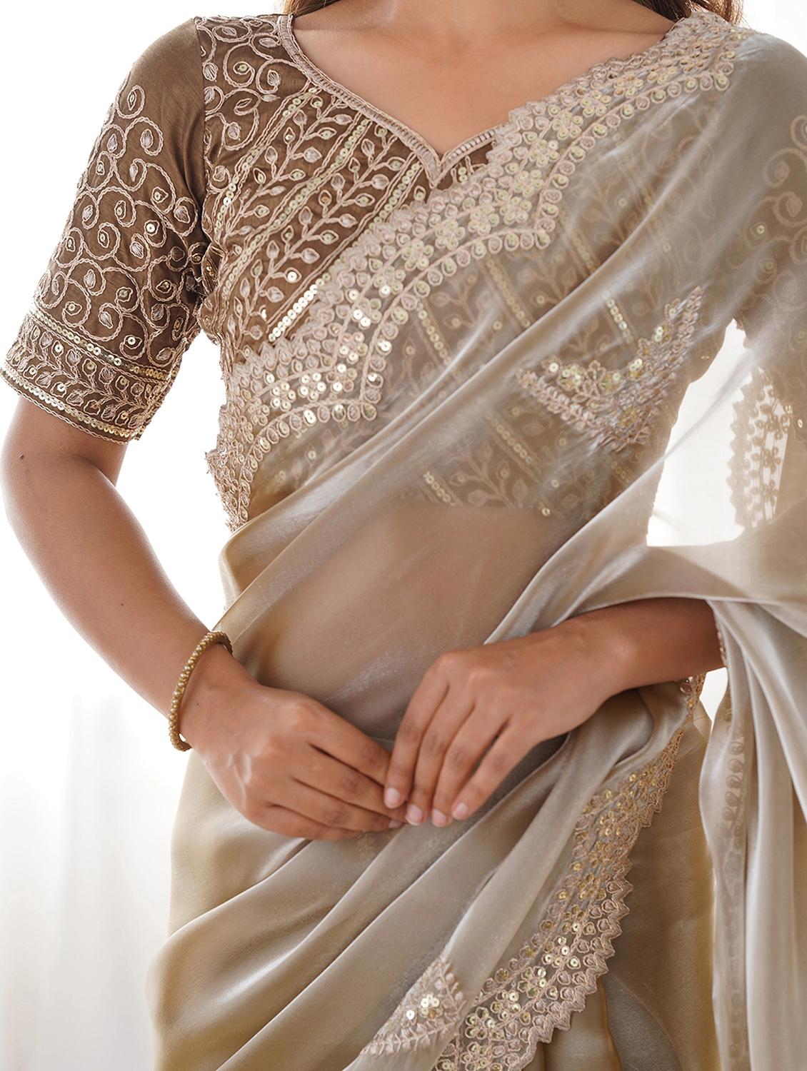 women solid with work embroidered saree with blouse - 22066126 - Standard Image - 5