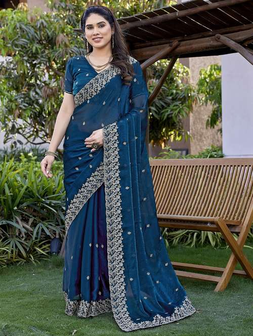 women solid with work embroidered saree with blouse - 22066130 -  Standard Image - 0