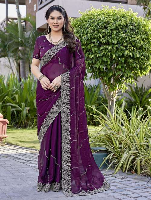 women solid with work embroidered saree with blouse - 22066136 -  Standard Image - 0