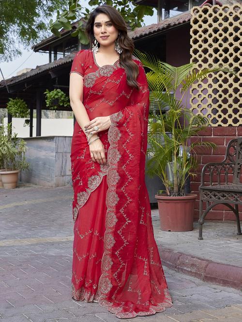 women solid with work embroidered saree with blouse - 22066143 - Standard Image - 0