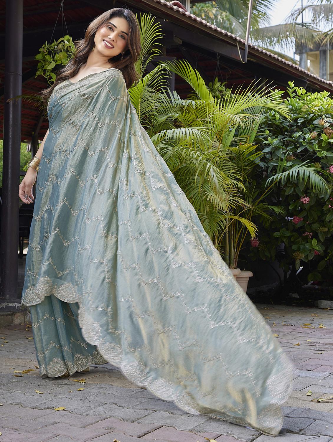 women solid with work embroidered saree with blouse - 22066147 - Standard Image - 3